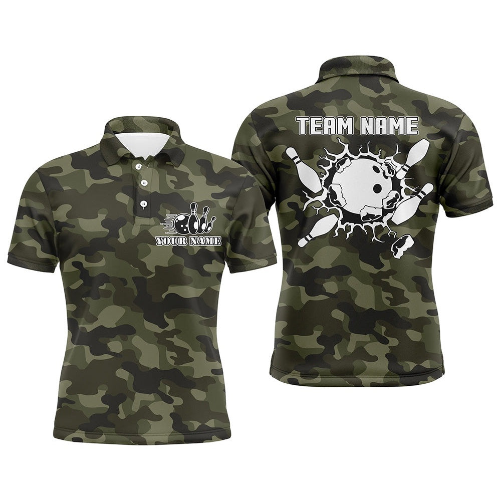 Custom Bowling Polo Shirts, Bowling Polo Shirts For Men Custom Bowling Ball And Pins Green Camo Men'S Bowling Team Jersey