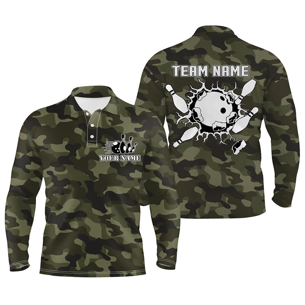 Custom Bowling Polo Shirts, Bowling Polo Shirts For Men Custom Bowling Ball And Pins Green Camo Men'S Bowling Team Jersey