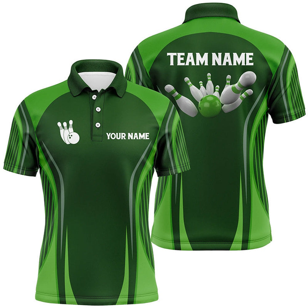 Custom Bowling Polo Shirts, Bowling Polo Shirts For Men Custom Bowling Ball And Pins Green Vintage Bowling Team Jerseys