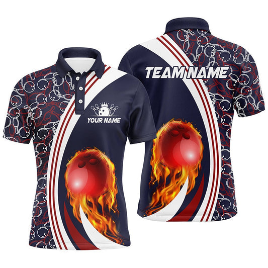 Custom Bowling Polo Shirts, Bowling Polo Shirts For Men Custom Camo Flame Bowling Ball Fire Bowling Team League Jerseys Navy