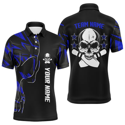 Custom Bowling Polo Shirts, Bowling Polo Shirts For Men Custom Name And Team Name Skull Bowling, Team Bowling Shirts Blue