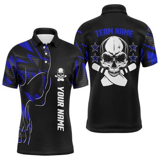 Custom Bowling Polo Shirts, Bowling Polo Shirts For Men Custom Name And Team Name Skull Bowling, Team Bowling Shirts Blue