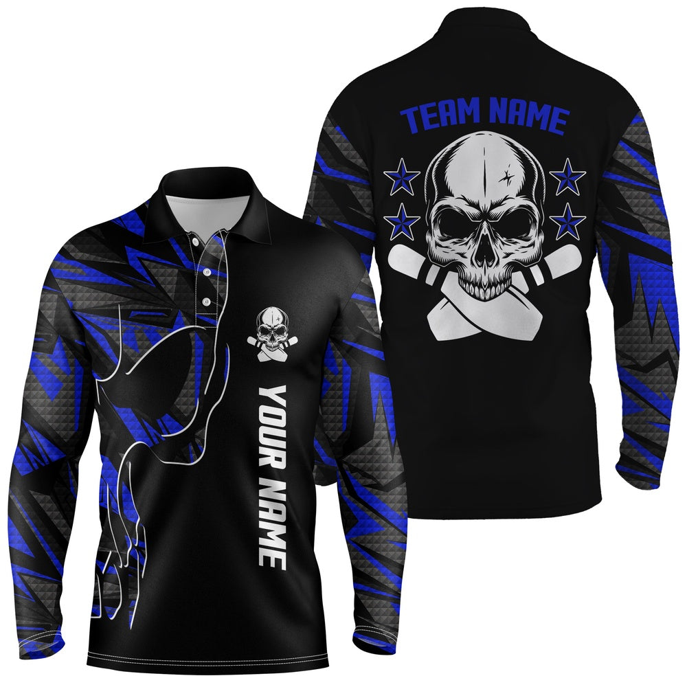Custom Bowling Polo Shirts, Bowling Polo Shirts For Men Custom Name And Team Name Skull Bowling, Team Bowling Shirts Blue