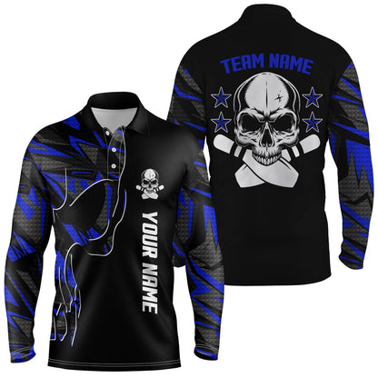 Custom Bowling Polo Shirts, Bowling Polo Shirts For Men Custom Name And Team Name Skull Bowling, Team Bowling Shirts Blue