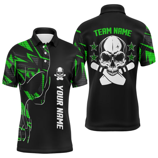 Custom Bowling Polo Shirts, Bowling Polo Shirts For Men Custom Name And Team Name Skull Bowling, Team Bowling Shirts Green