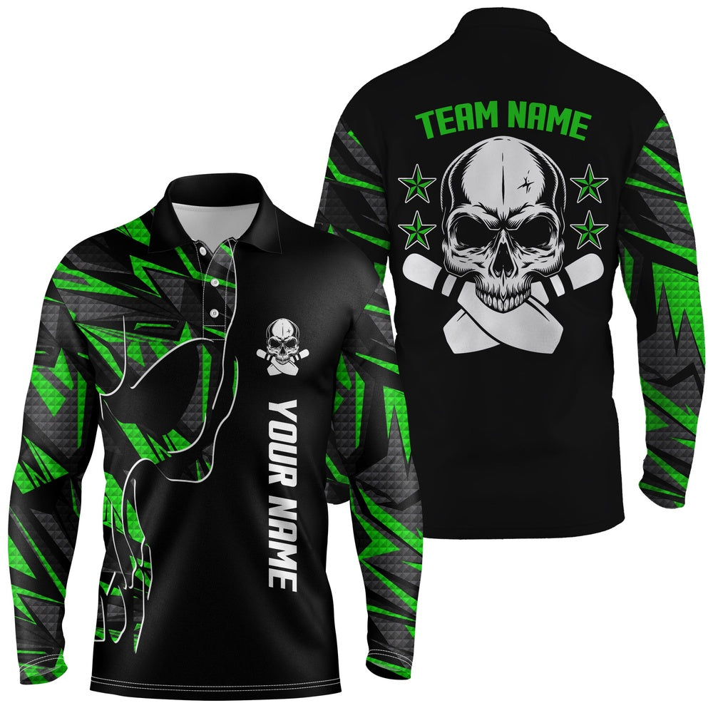 Custom Bowling Polo Shirts, Bowling Polo Shirts For Men Custom Name And Team Name Skull Bowling, Team Bowling Shirts Green