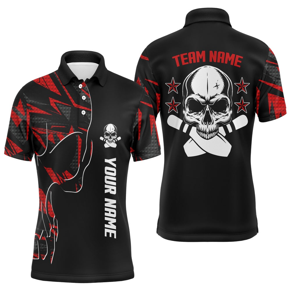 Custom Bowling Polo Shirts, Bowling Polo Shirts For Men Custom Name And Team Name Skull Bowling, Team Bowling Shirts Red