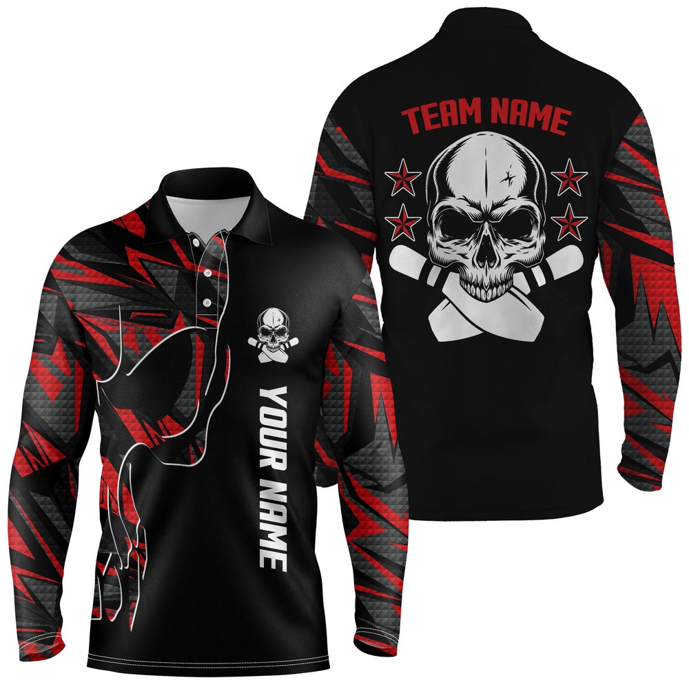 Custom Bowling Polo Shirts, Bowling Polo Shirts For Men Custom Name And Team Name Skull Bowling, Team Bowling Shirts Red