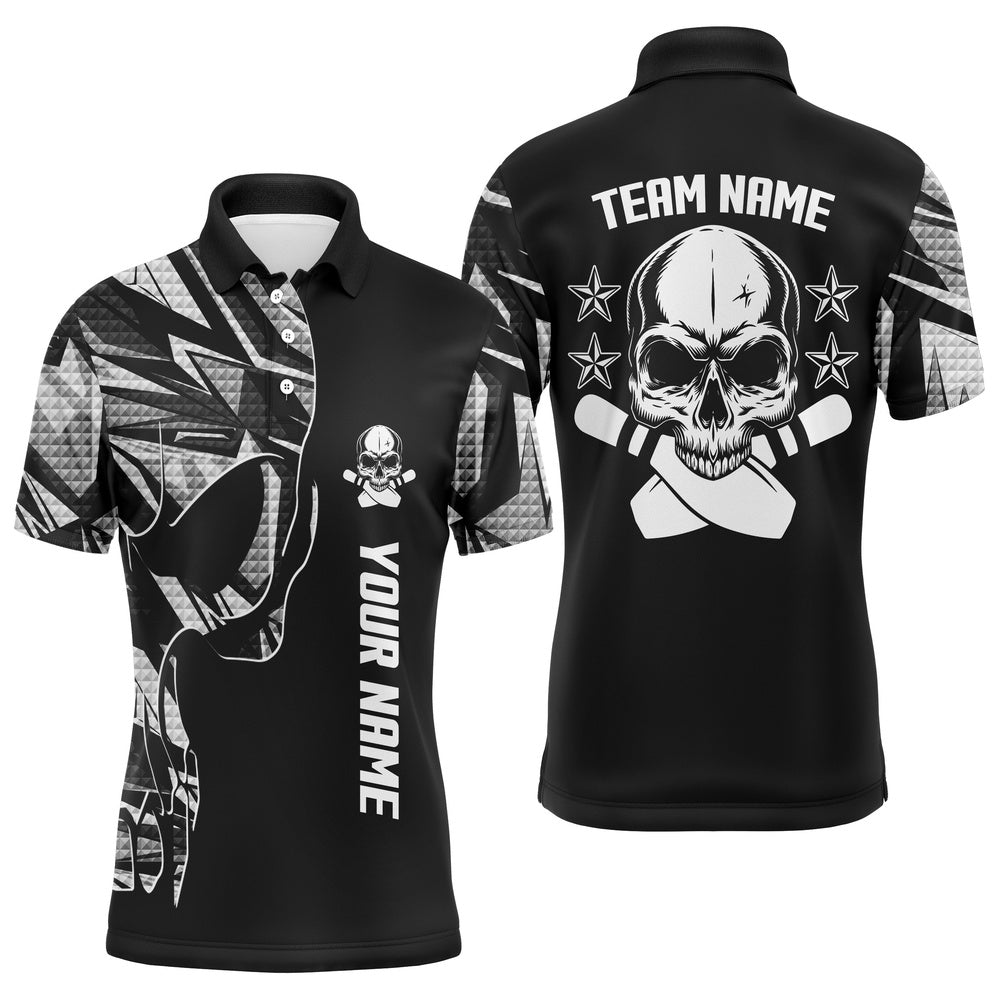 Custom Bowling Polo Shirts, Bowling Polo Shirts For Men Custom Name And Team Name Skull Bowling, Team Bowling Shirts White