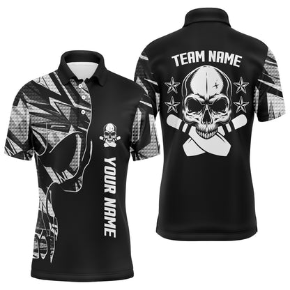 Custom Bowling Polo Shirts, Bowling Polo Shirts For Men Custom Name And Team Name Skull Bowling, Team Bowling Shirts White
