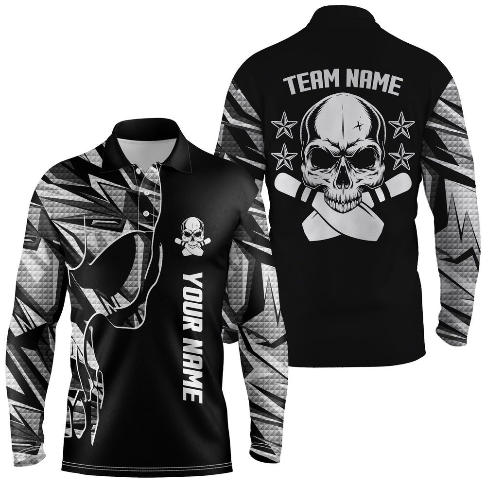Custom Bowling Polo Shirts, Bowling Polo Shirts For Men Custom Name And Team Name Skull Bowling, Team Bowling Shirts White
