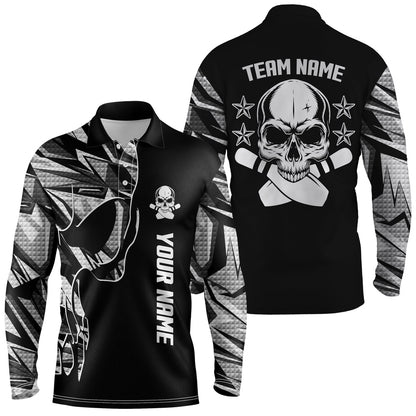 Custom Bowling Polo Shirts, Bowling Polo Shirts For Men Custom Name And Team Name Skull Bowling, Team Bowling Shirts White