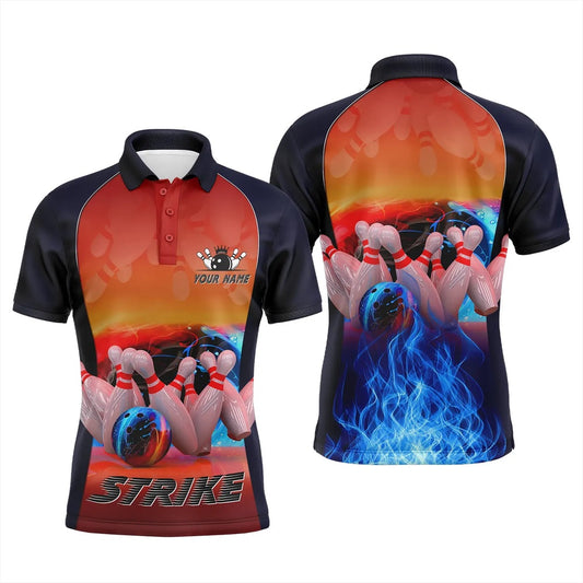 Custom Bowling Polo Shirts, Bowling Polo Shirts For Men Custom Name Blue Fire Bowling Strike Ball And Pins Bowling Jerseys