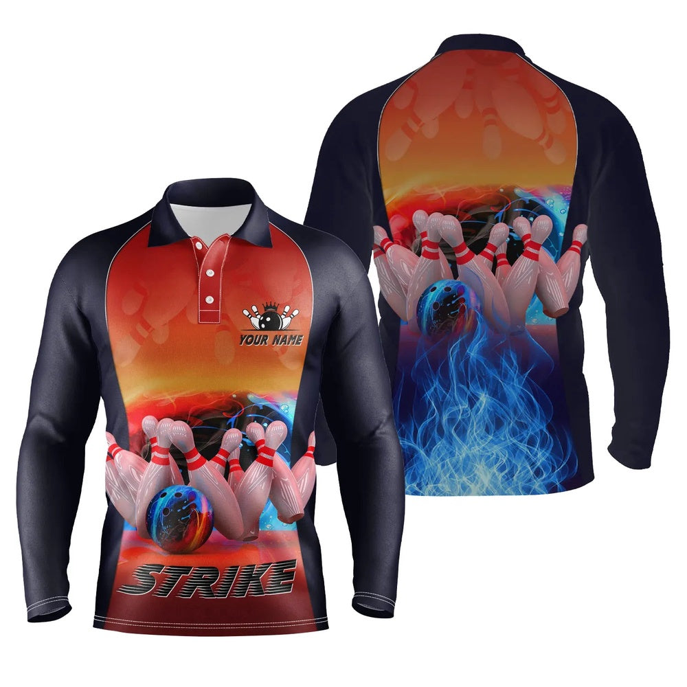 Custom Bowling Polo Shirts, Bowling Polo Shirts For Men Custom Name Blue Fire Bowling Strike Ball And Pins Bowling Jerseys