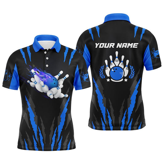 Custom Bowling Polo Shirts, Bowling Polo Shirts For Men Custom Name Flame Bowling Ball And Pins Bowling Jerseys Blue