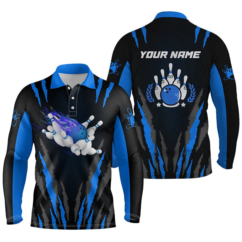 Custom Bowling Polo Shirts, Bowling Polo Shirts For Men Custom Name Flame Bowling Ball And Pins Bowling Jerseys Blue