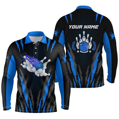 Custom Bowling Polo Shirts, Bowling Polo Shirts For Men Custom Name Flame Bowling Ball And Pins Bowling Jerseys Blue