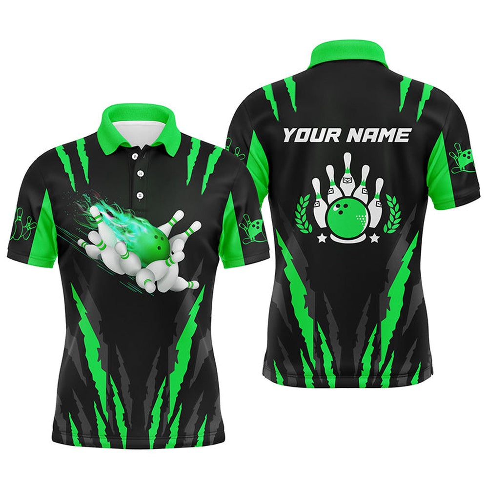 Custom Bowling Polo Shirts, Bowling Polo Shirts For Men Custom Name Flame Bowling Ball And Pins Bowling Jerseys Green