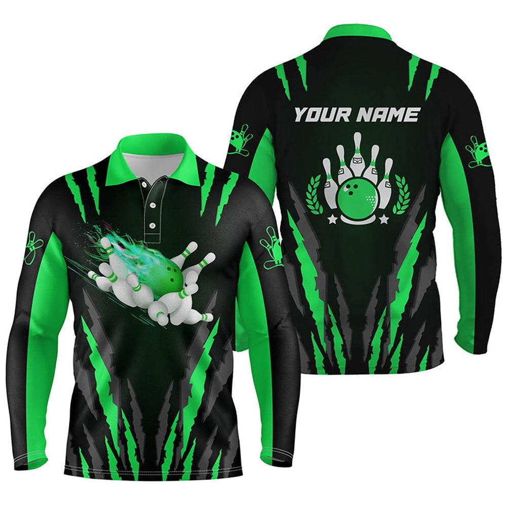 Custom Bowling Polo Shirts, Bowling Polo Shirts For Men Custom Name Flame Bowling Ball And Pins Bowling Jerseys Green