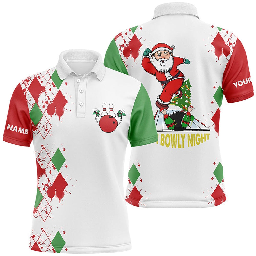 Custom Bowling Polo Shirts, Bowling Polo Shirts For Men Custom Name Funny Santa White Christmas Bowling Shirts Oh Bowly Night