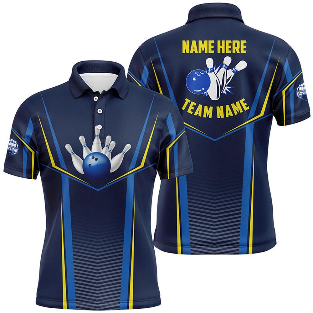 Custom Bowling Polo Shirts, Bowling Polo Shirts For Men Custom Name,Team Name Bowling Ball Pins, Bowling Team League Shirt Blue