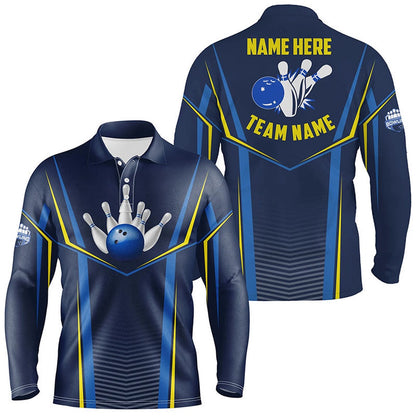 Custom Bowling Polo Shirts, Bowling Polo Shirts For Men Custom Name,Team Name Bowling Ball Pins, Bowling Team League Shirt Blue