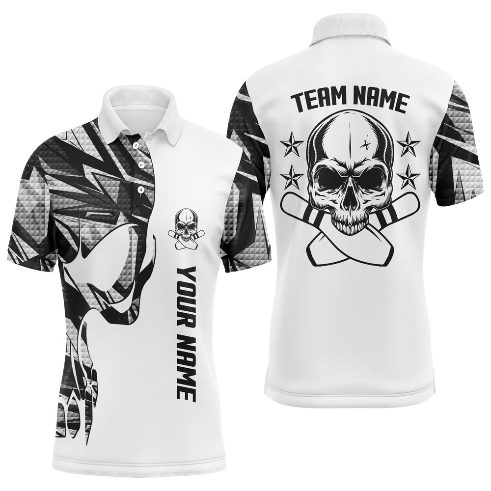Custom Bowling Polo Shirts, Bowling Polo Shirts For Men White Camo Custom Name And Team Name Skull Bowling, Team Bowling Shirts
