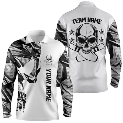 Custom Bowling Polo Shirts, Bowling Polo Shirts For Men White Camo Custom Name And Team Name Skull Bowling, Team Bowling Shirts