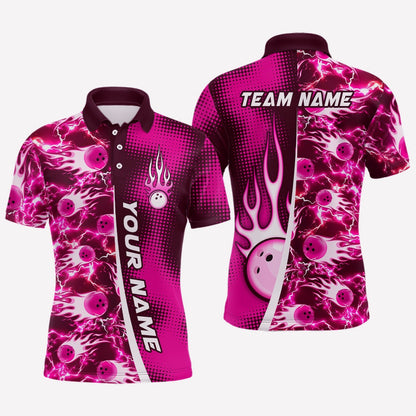 Custom Bowling Polo Shirts, Bowling Shirt For Mens Custom Name Bowling Flame Lightning Team Jersey Shirt