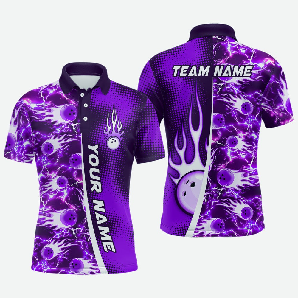 Custom Bowling Polo Shirts, Bowling Shirt For Mens Custom Name Bowling Flame Lightning Team Jersey Shirt