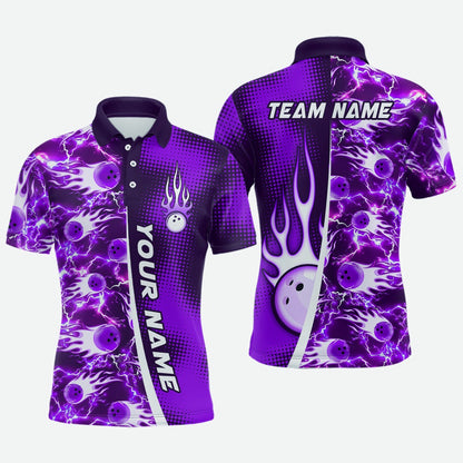Custom Bowling Polo Shirts, Bowling Shirt For Mens Custom Name Bowling Flame Lightning Team Jersey Shirt
