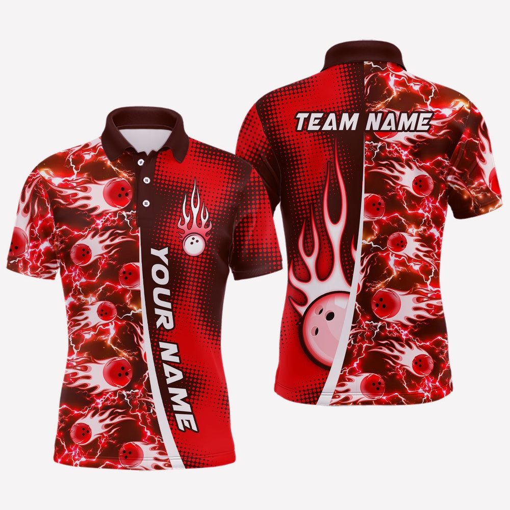 Custom Bowling Polo Shirts, Bowling Shirt For Mens Custom Name Bowling Flame Lightning Team Jersey Shirt
