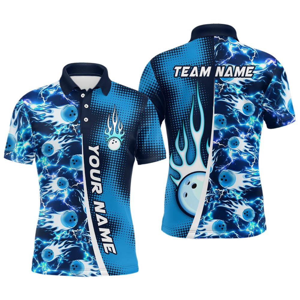 Custom Bowling Polo Shirts, Bowling Shirt For Mens Custom Name Bowling Flame Lightning Team Jersey Shirt