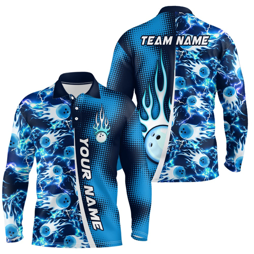 Custom Bowling Polo Shirts, Bowling Shirt For Mens Custom Name Bowling Flame Lightning Team Jersey Shirt