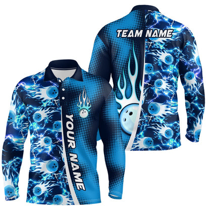 Custom Bowling Polo Shirts, Bowling Shirt For Mens Custom Name Bowling Flame Lightning Team Jersey Shirt