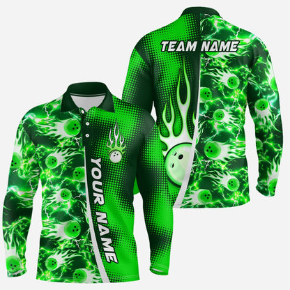 Custom Bowling Polo Shirts, Bowling Shirt For Mens Custom Name Bowling Flame Lightning Team Jersey Shirt
