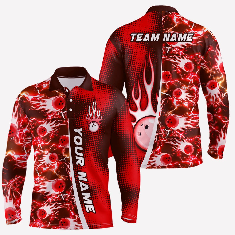 Custom Bowling Polo Shirts, Bowling Shirt For Mens Custom Name Bowling Flame Lightning Team Jersey Shirt