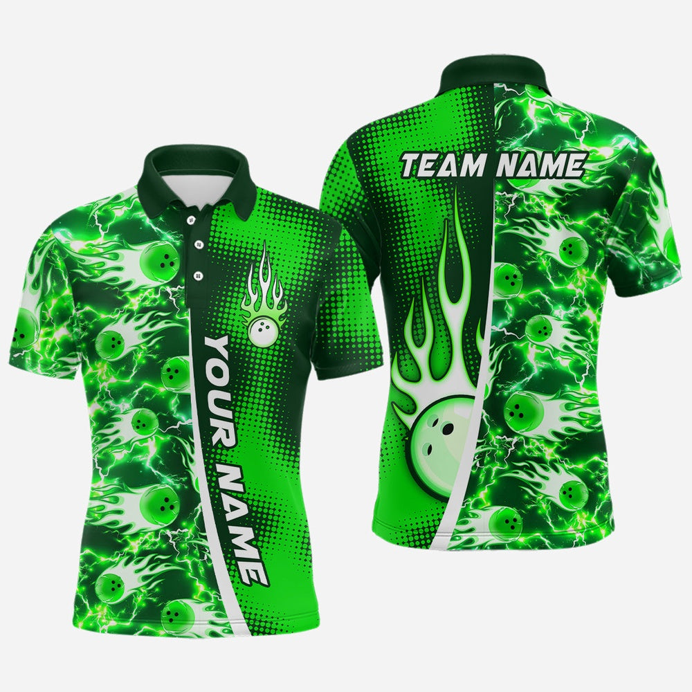 Custom Bowling Polo Shirts, Bowling Shirt For Mens Custom Name Bowling Flame Lightning Team Jersey Shirt