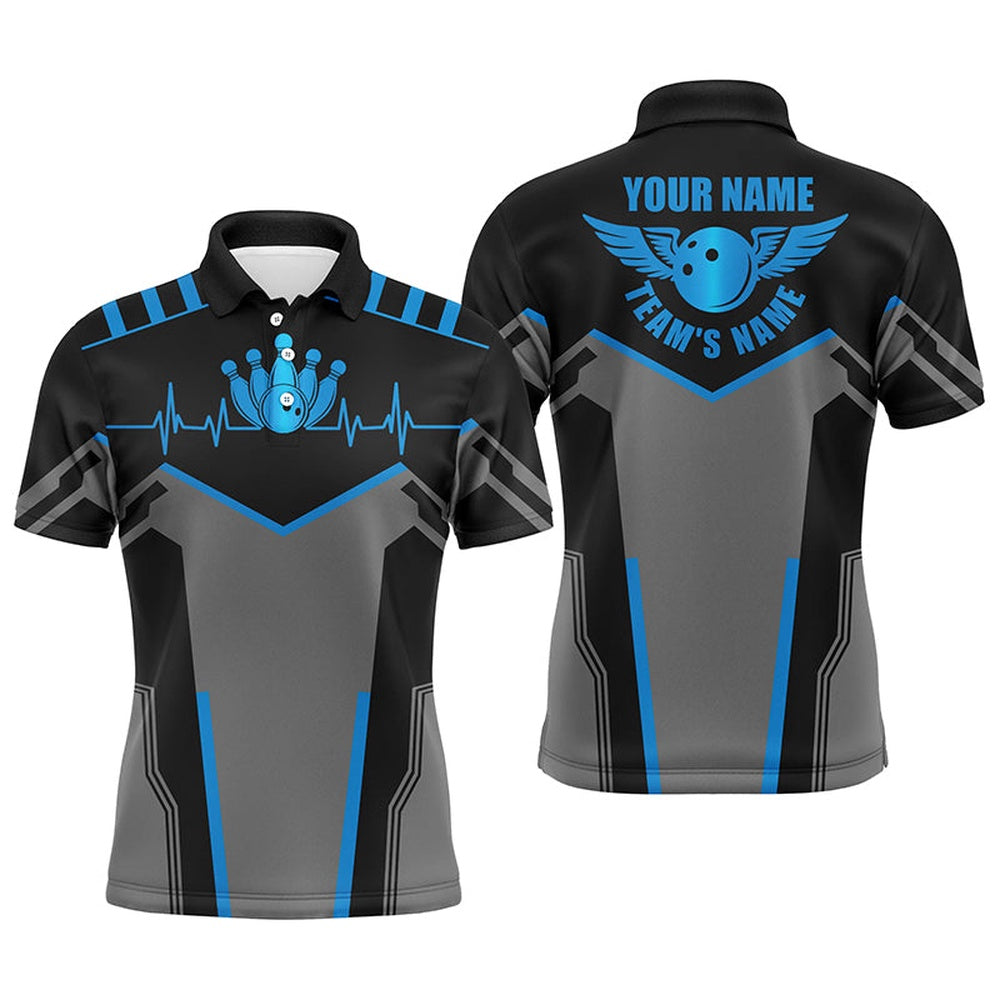 Custom Bowling Polo Shirts, Bowling Shirts For Men Custom Name And Team Name Blue Bowling Ball And Pins, Team Bowling Shirts