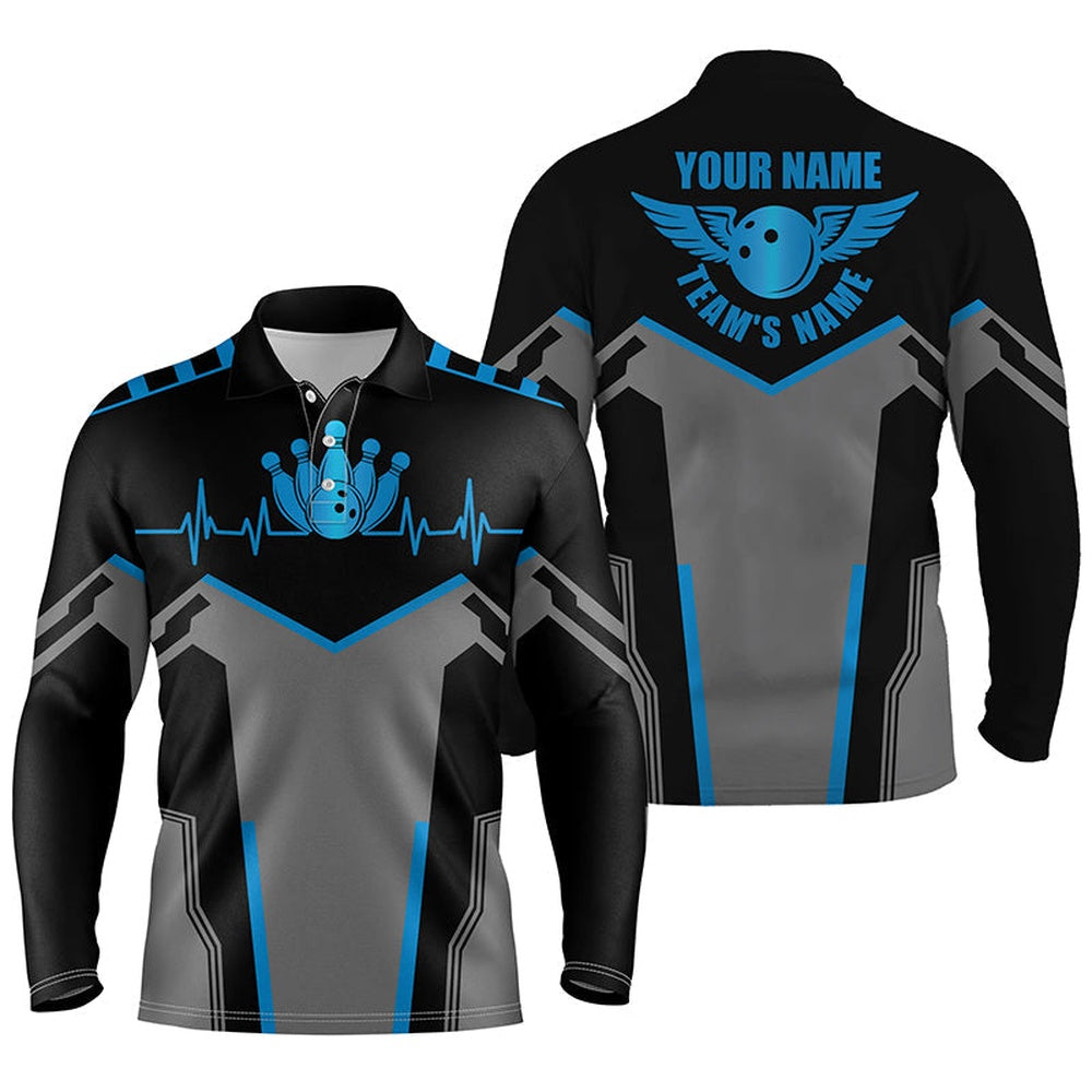 Custom Bowling Polo Shirts, Bowling Shirts For Men Custom Name And Team Name Blue Bowling Ball And Pins, Team Bowling Shirts