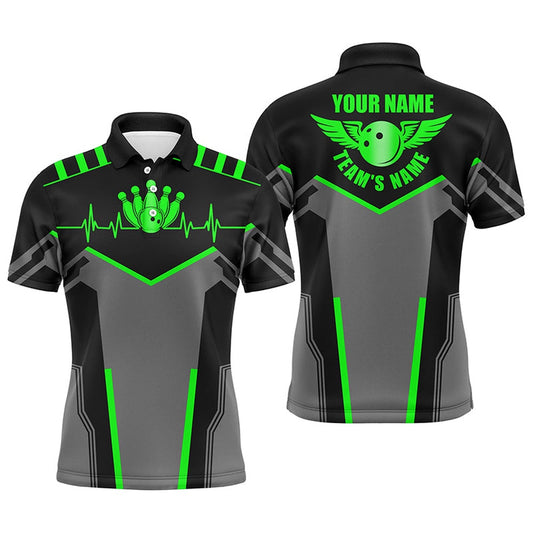Custom Bowling Polo Shirts, Bowling Shirts For Men Custom Name And Team Name Bowling Ball And Pins, Team Bowling Shirts Green