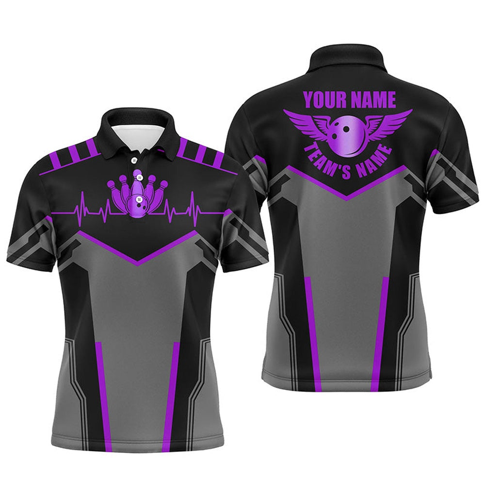 Custom Bowling Polo Shirts, Bowling Shirts For Men Custom Name And Team Name Bowling Ball And Pins, Team Bowling Shirts Purple