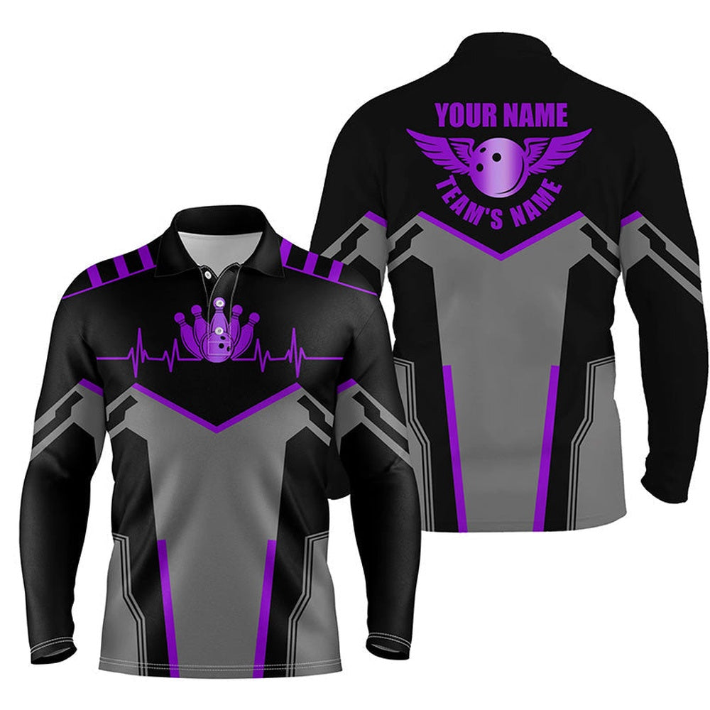 Custom Bowling Polo Shirts, Bowling Shirts For Men Custom Name And Team Name Bowling Ball And Pins, Team Bowling Shirts Purple
