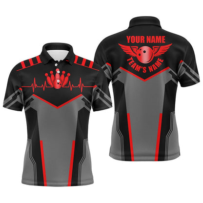 Custom Bowling Polo Shirts, Bowling Shirts For Men Custom Name And Team Name Bowling Ball And Pins, Team Bowling Shirts Red