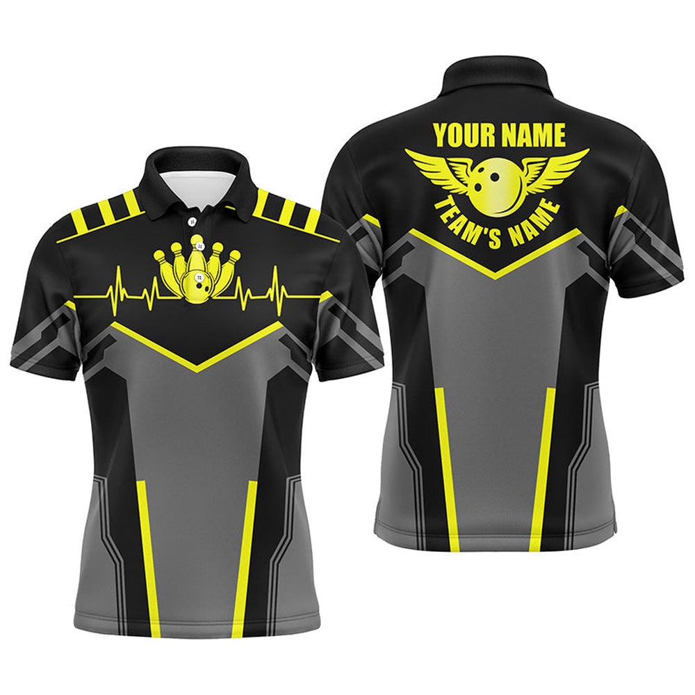 Custom Bowling Polo Shirts, Bowling Shirts For Men Custom Name And Team Name Bowling Ball And Pins, Team Bowling Shirts Yellow