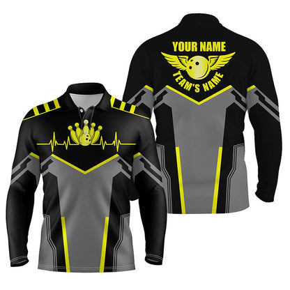 Custom Bowling Polo Shirts, Bowling Shirts For Men Custom Name And Team Name Bowling Ball And Pins, Team Bowling Shirts Yellow