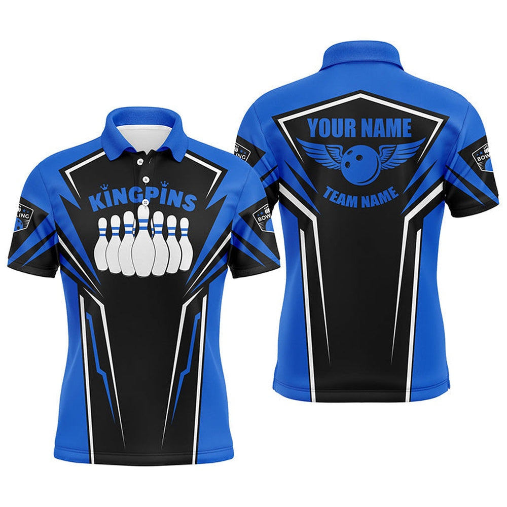 Custom Bowling Polo Shirts, Bowling Shirts For Men Custom Name And Team Name King Pins Bowling Jerseys, Bowling Team Shirts Blue