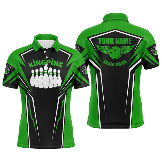 Custom Bowling Polo Shirts, Bowling Shirts For Men Custom Name And Team Name King Pins Bowling Jerseys, Bowling Team Shirts Green