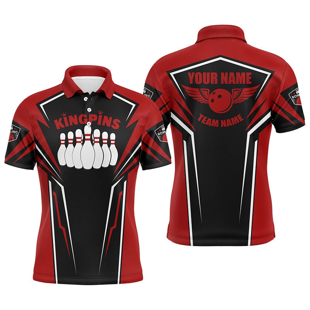 Custom Bowling Polo Shirts, Bowling Shirts For Men Custom Name And Team Name King Pins Bowling Jerseys, Bowling Team Shirts Red