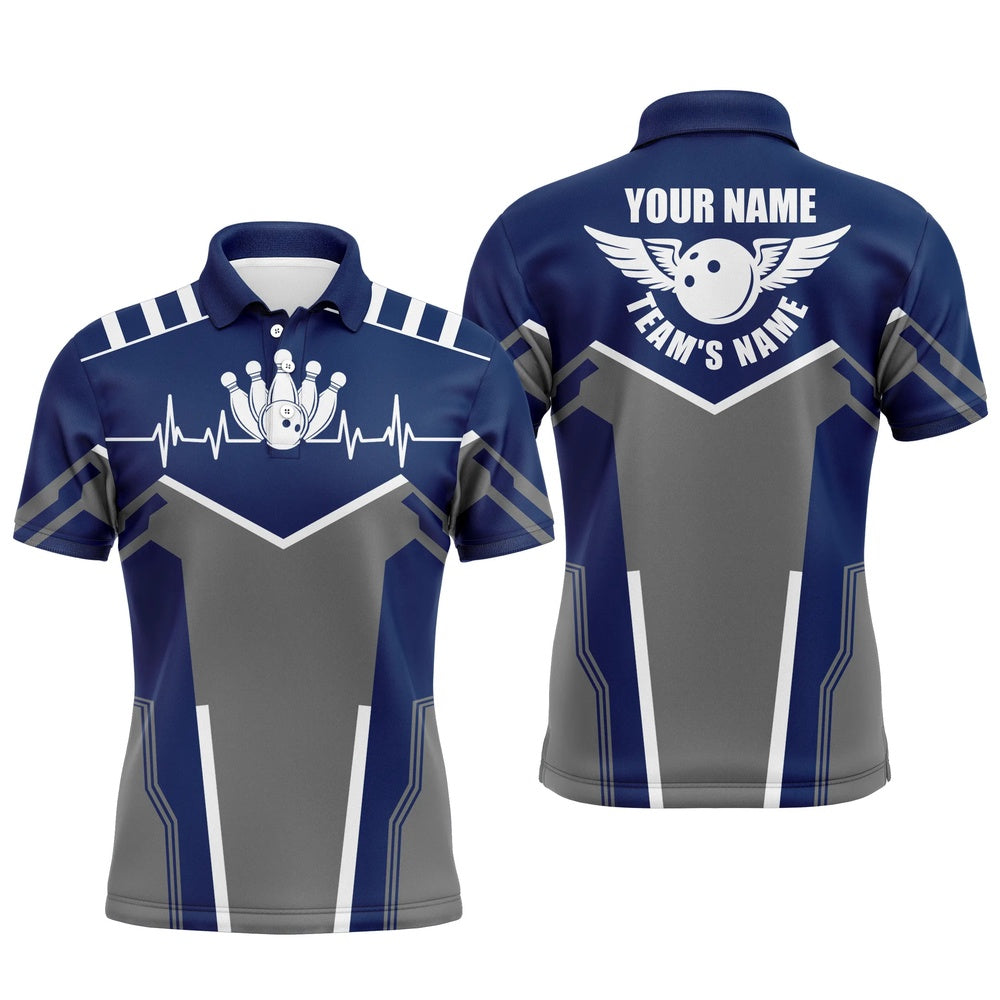 Custom Bowling Polo Shirts, Bowling Shirts For Men Custom Name, Team Name Bowling Ball & Pins Mens Polo Shirts Navy Blue